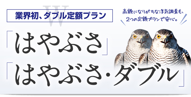 業界初、ダブル定額プラン 「はやぶさ」 「はやぶさ・ダブル」 高額になりがちな浮気調査も、2つの定額プランで安心。